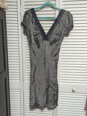 Gray V-Neck Satin Mini Dress - Brand Unspecified